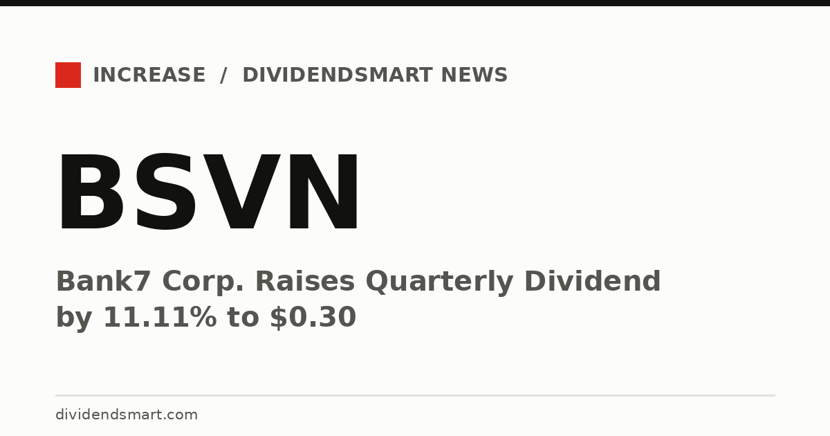 Bank7 Corp. Raises Quarterly Dividend by 11.11% to $0.30