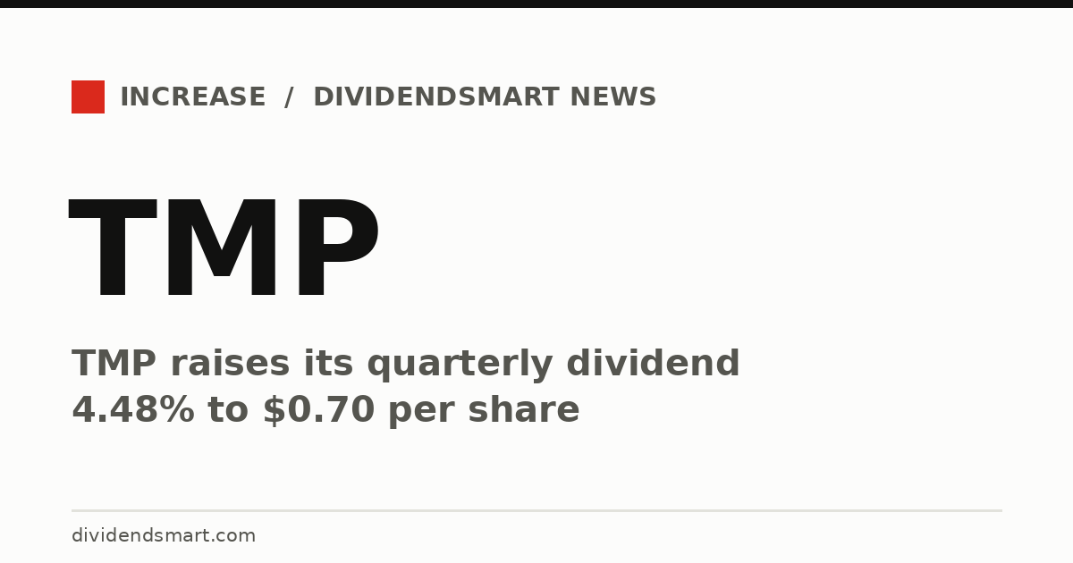 TMP raises its quarterly dividend 4.48% to $0.70 per share